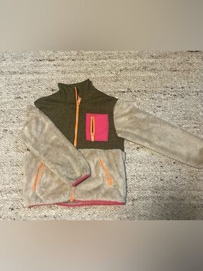 Kids Olive Green and Beige Fleece Zip up with Pink Pocket